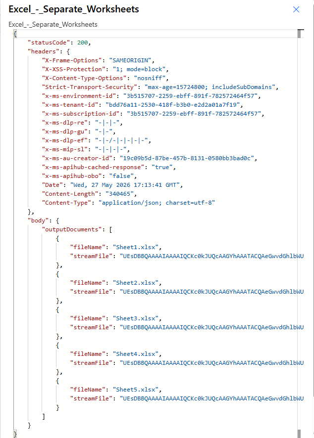 Respuesta HTTP sin procesar de Excel: hojas de cálculo separadas. Código de estado 200, Content-Type application/json. El cuerpo contiene una matriz outputDocuments con 5 entradas (Sheet1.xlsx a Sheet5.xlsx), cada una con una cadena streamFile Base64.
